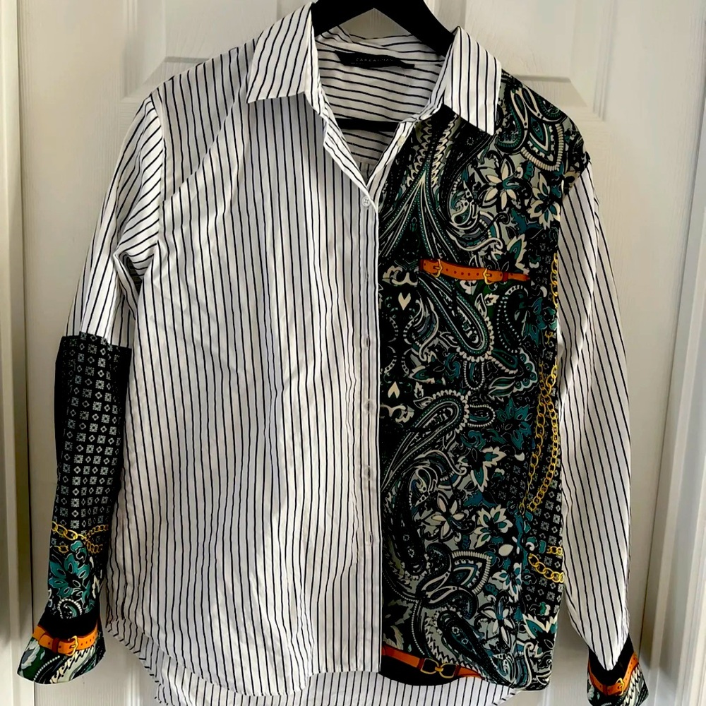 zara women shirt dress printed blouse size small